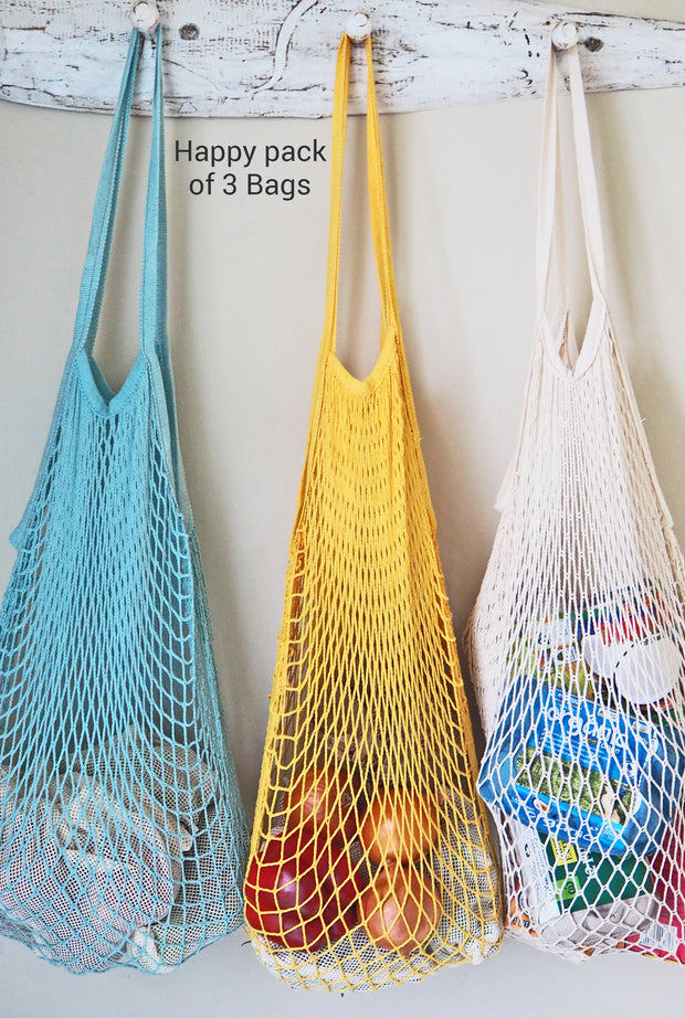 String Shopping Bags-Set of 3. Aqua, yellow, natural