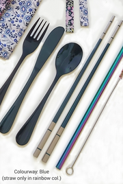 Stainless Steel set. Knife (Length 7.5cms-.50gms), Folk (Length 6.5cms- .32gms), Spoon (Length 6cms-.37gms), Chopsticks Pair (Length 23.5cms-.35gms), Straw (Length 21.5cms-.21gms) Cleaning Brush. Blue