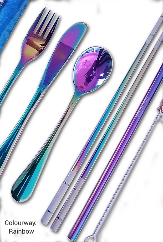 Stainless Steel Set. Knife (Length 7.5cms-.50gms), Folk (Length 6.5cms- .32gms), Spoon (Length 6cms-.37gms), Chopsticks Pair (Length 23.5cms-.35gms), Straw (Length 21.5cms-.21gms) Cleaning Brush. Rainbow.