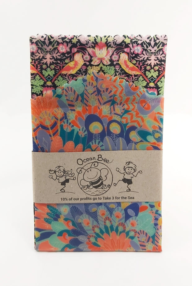 Beeswax wrap 2pack. Essential size. 33x26cm. 24x24cm. Liberty strawberry thief colourway