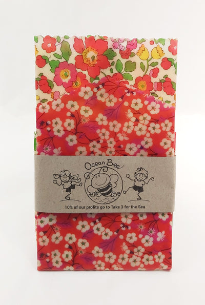 Beeswax wrap 2pack. 33x26cm. 24x24cm. Liberty red floral colourway